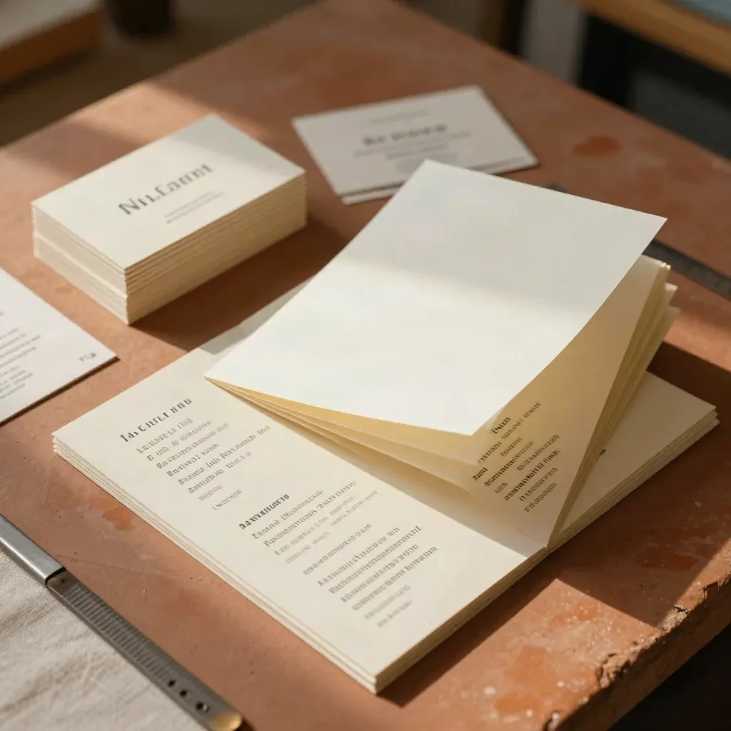 Fanned print collateral: thick cards, menus, launch cards, and a scored flyer on terracotta clay.