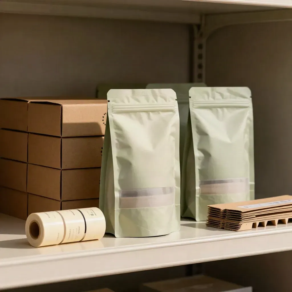 Shelf-ready packaging boxes, pouch bags and label rolls catching a raking highlight