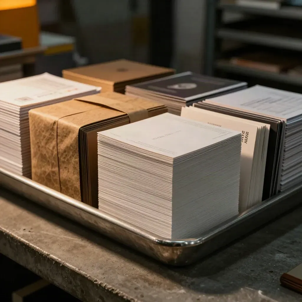 Fresh print bundle of cards, flyers, and menus in a warm bindery tray