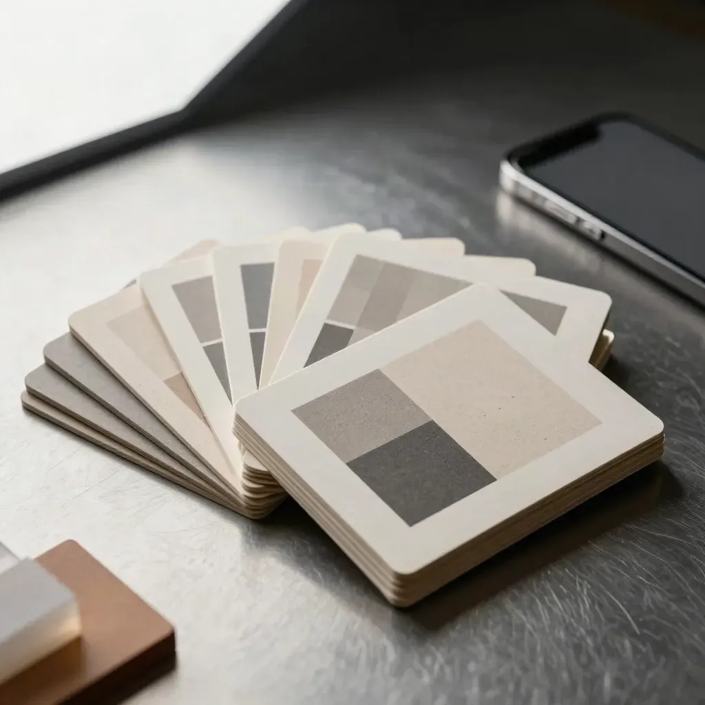 Finished social template cards and acrylic stands arranged on a pewter tabletop