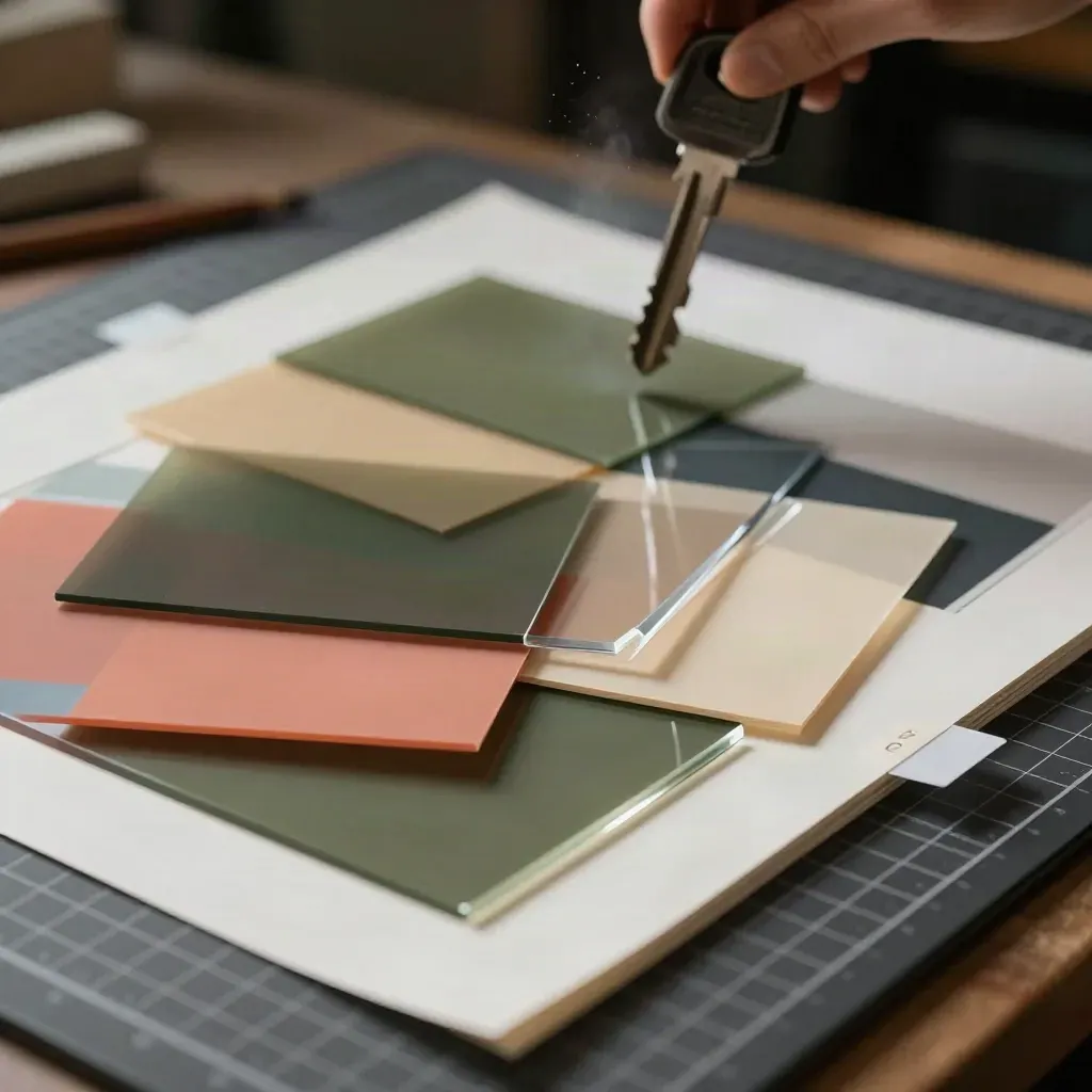 Extreme macro of acetate overlays, color chips and crop proofs on a dark drafting bench.