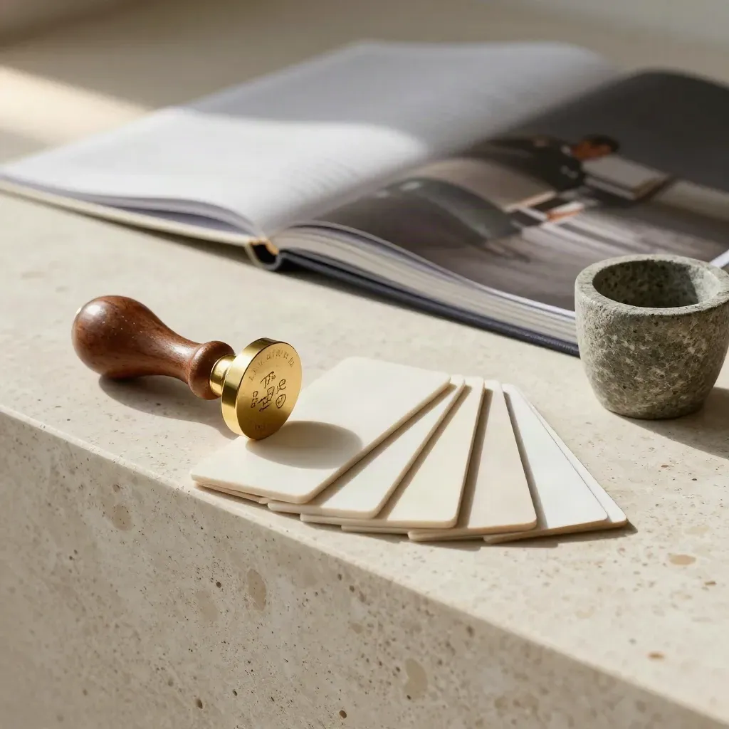 Brass seal stamp, cream chips, brand book, and stone cup on travertine.