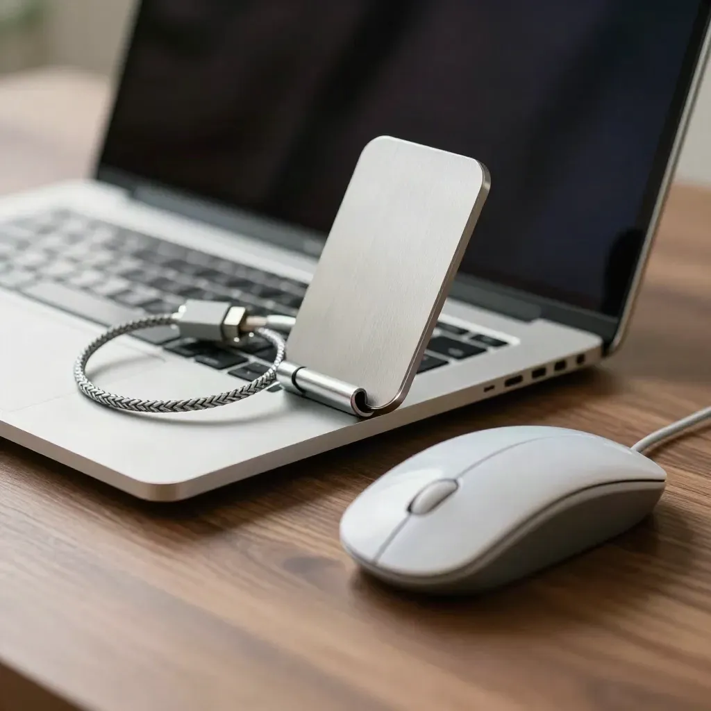 Closed laptop, braided cable, mouse and metal stand on a walnut surface.