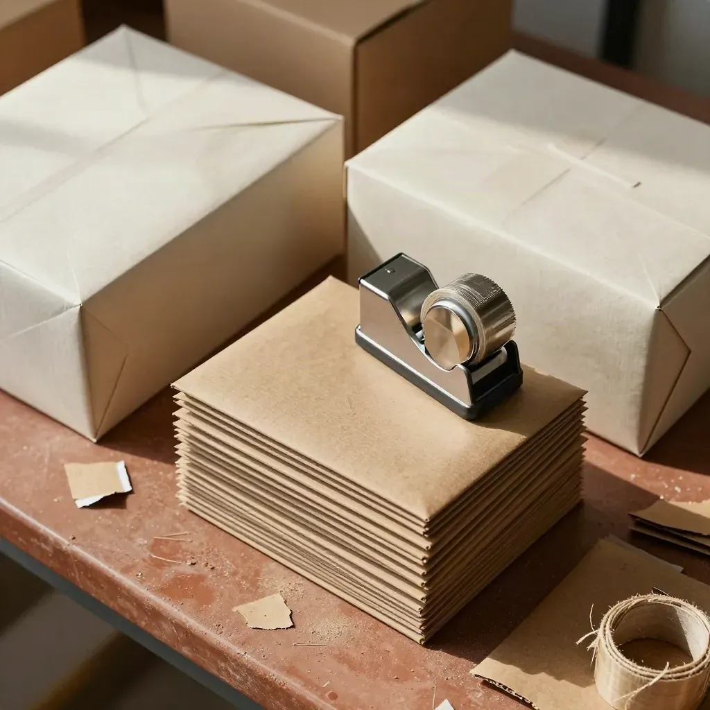 Overhead of wrapped sample packs, archival boxes and a tape dispenser on a dusty packing bench.