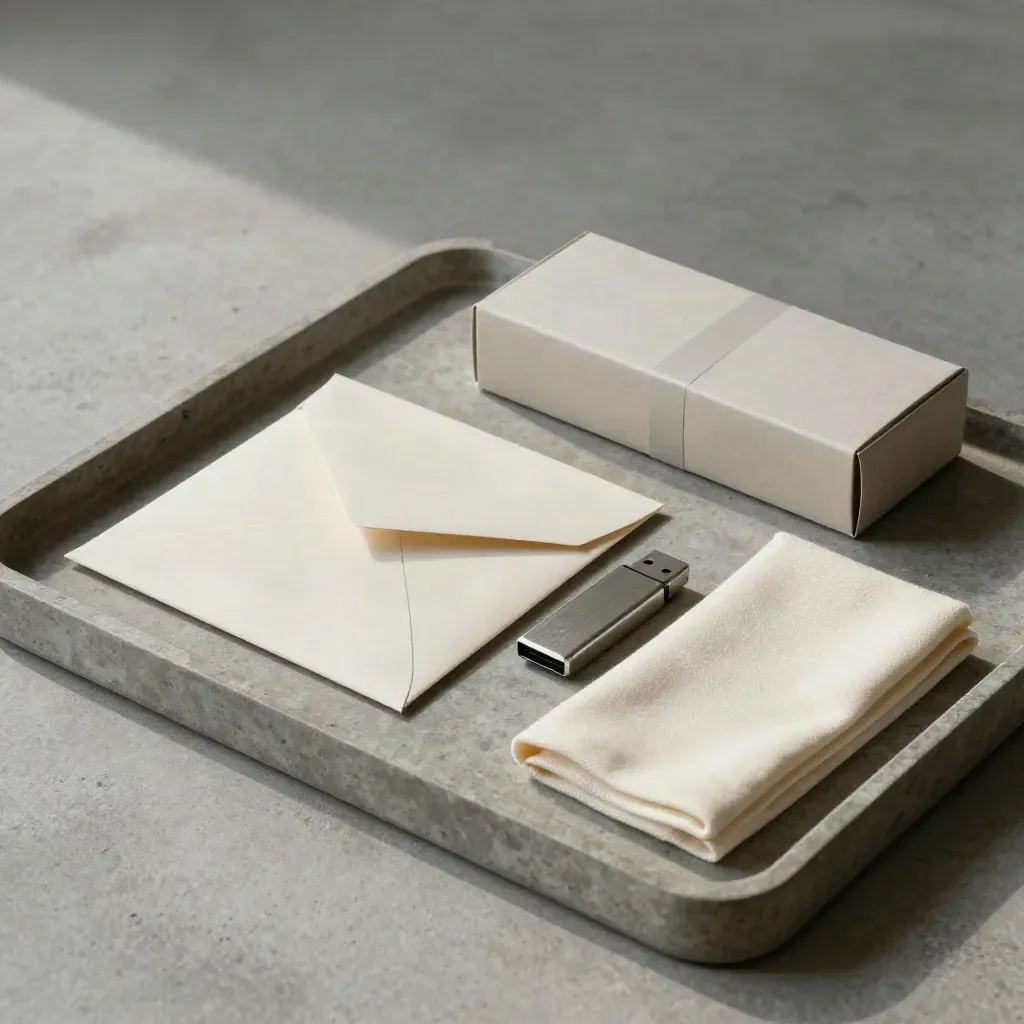 Top-down tray with archival envelope, USB drive, sample box and folded cloth