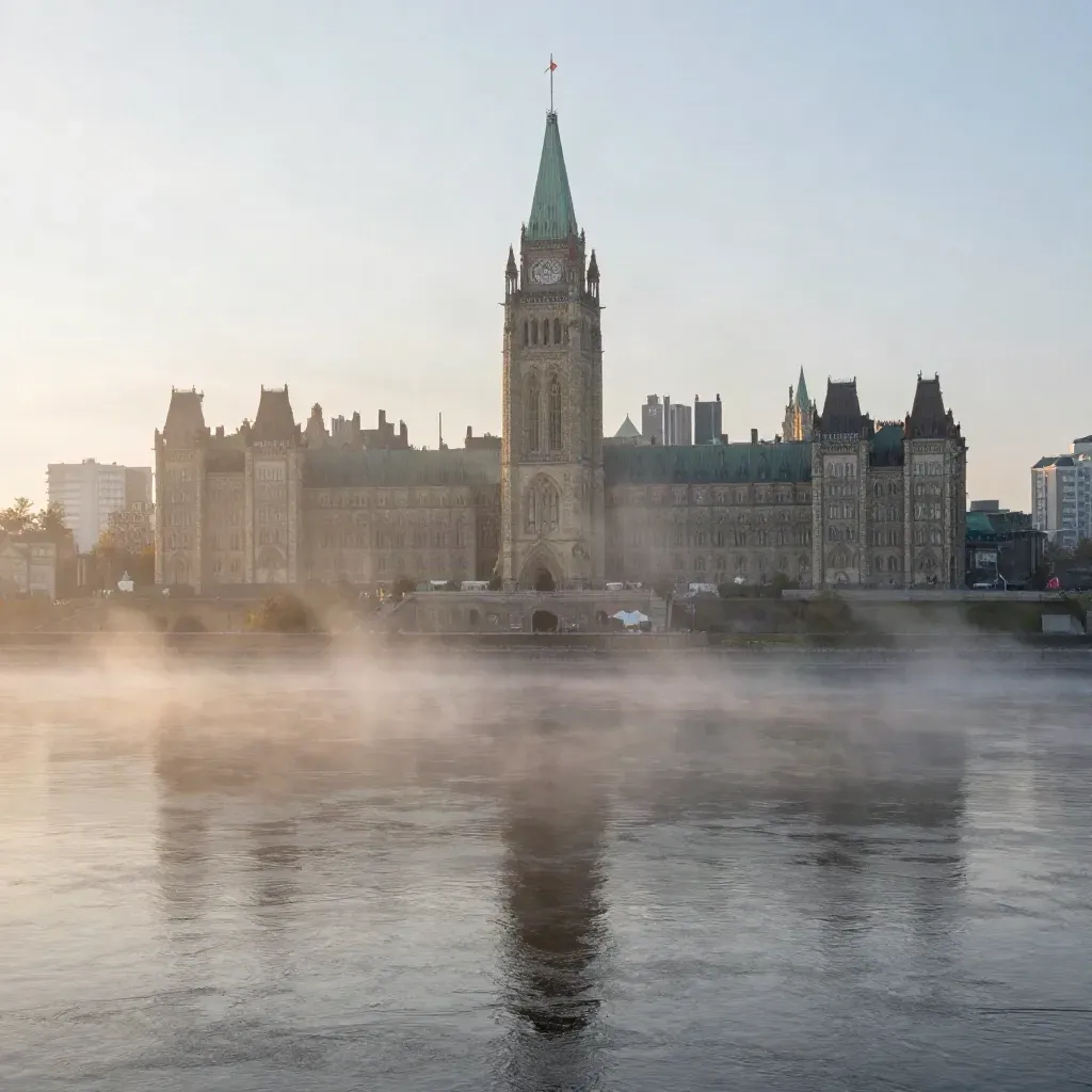 Parliament Hill glowing through dawn mist above the Ottawa River
