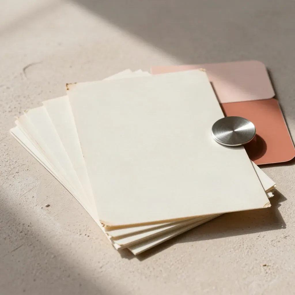 Blank proof cards, foam-core mood board, and sample chips on a plaster sweep with soft side light.