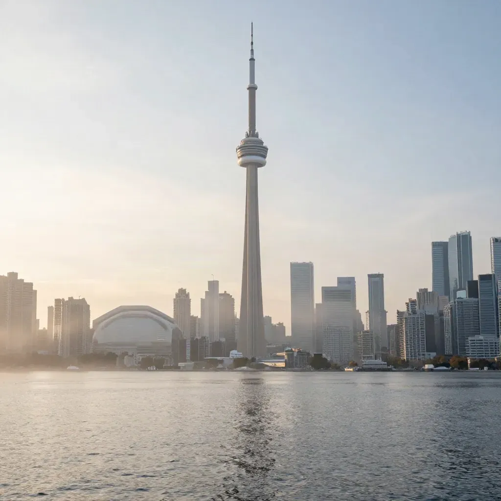 Toronto skyline and CN Tower above calm harbour haze at sunrise.