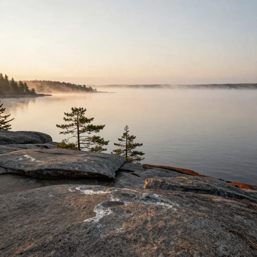 Foggy northern lake horizon with rocks, sparse pines, and calm open water