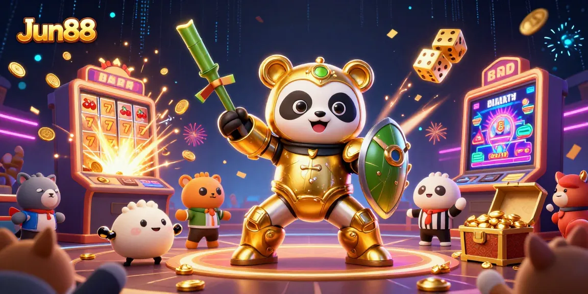 Experience thrilling action at Jun88 with a mech-suit panda battling in a vibrant casino scene.