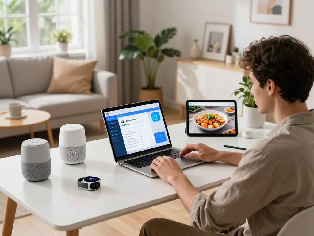 Smart tech gadgets displayed on a modern desk, highlighting a cozy tech-savvy workspace.