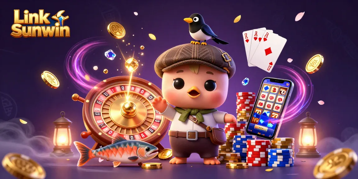 Win big with Link Sunwin in this vibrant 3D illustration depicting a cartoon casino scene.