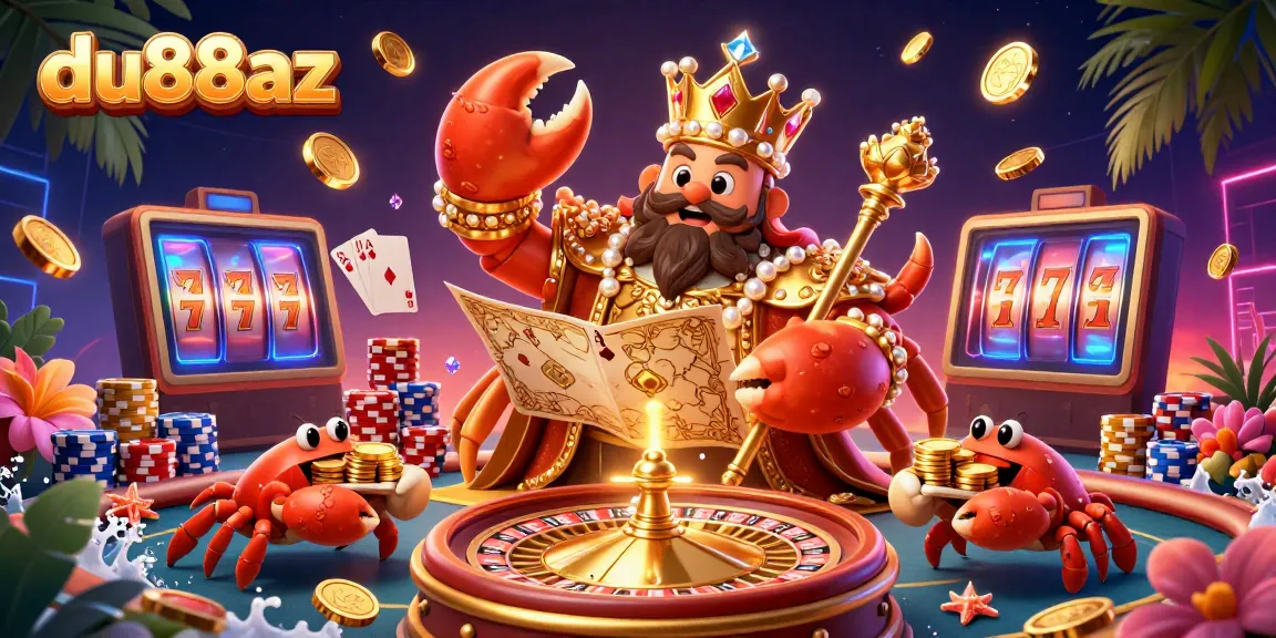 Experience exciting casino action with du88az featuring a golden crab emperor, treasure map, and vibrant game elements.