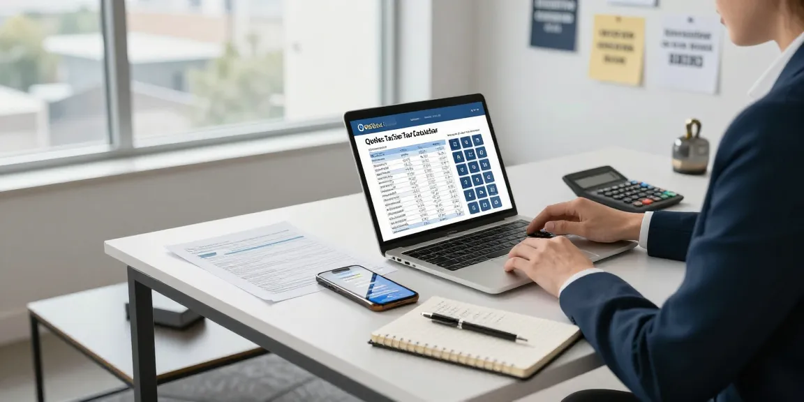 Active user engaged with the quebecsalestaxcalculator.ca tax tool in a modern office setting, optimizing tax calculations for 2026.