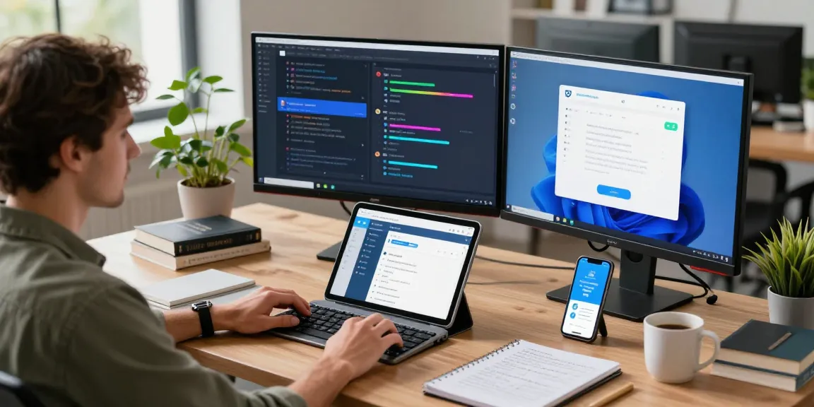 Dynamic workspace showcasing Telegram下载 on various devices, capturing a modern tech environment.