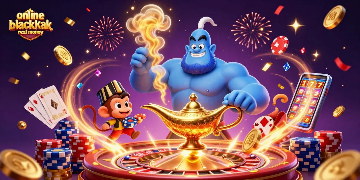 Experience the thrill of online blackjack real money with dynamic casino elements in a vibrant 3D scene.