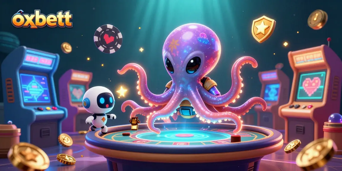 Experience the vibrant gameplay of oxbett with a friendly alien octopus at a holographic poker table.