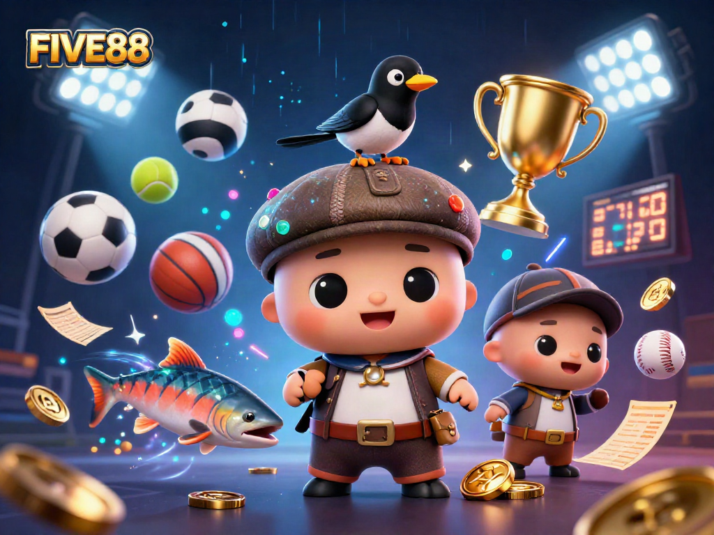 Engage in exciting games at FIVE88 with a lively casino scene featuring themed characters and vibrant elements.