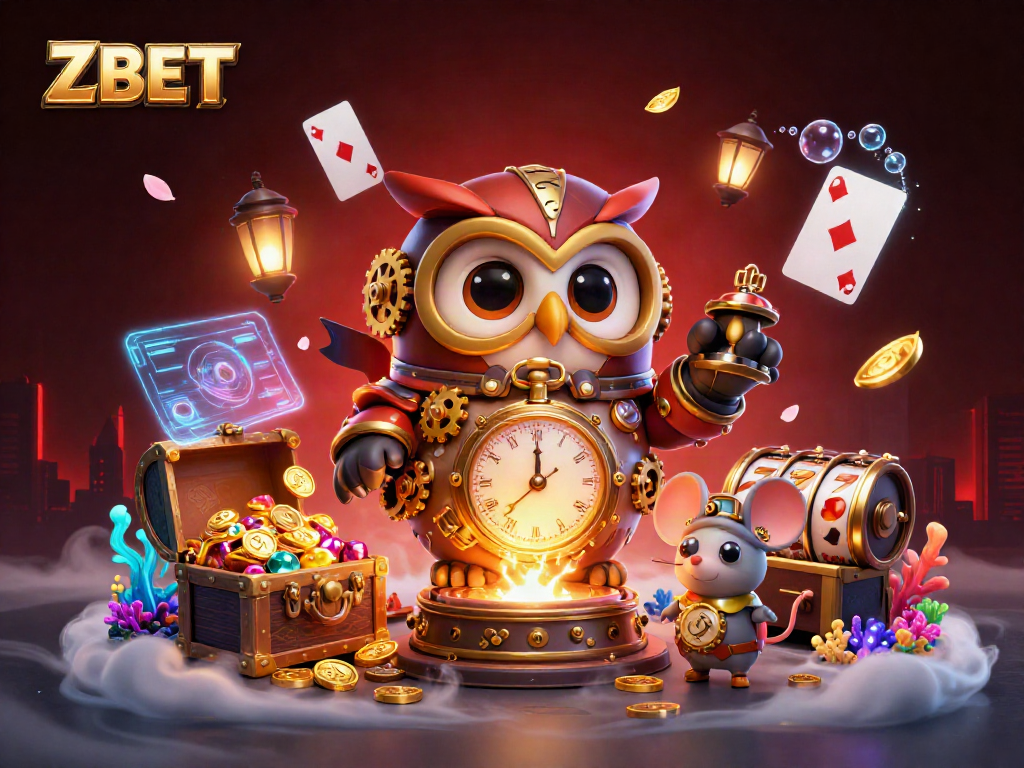 ZBET gaming scene featuring a steampunk owl and casino elements, designed to attract bettors.