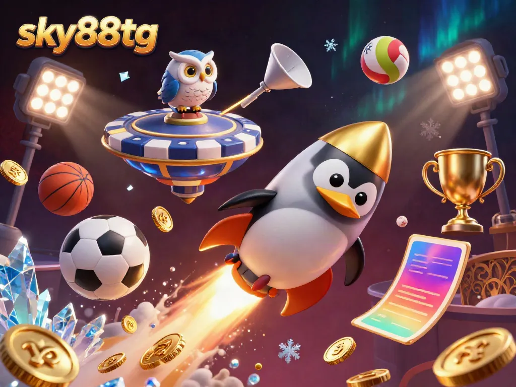 Bet on exciting games at sky88tg with a golden penguin soaring towards a vibrant casino station.