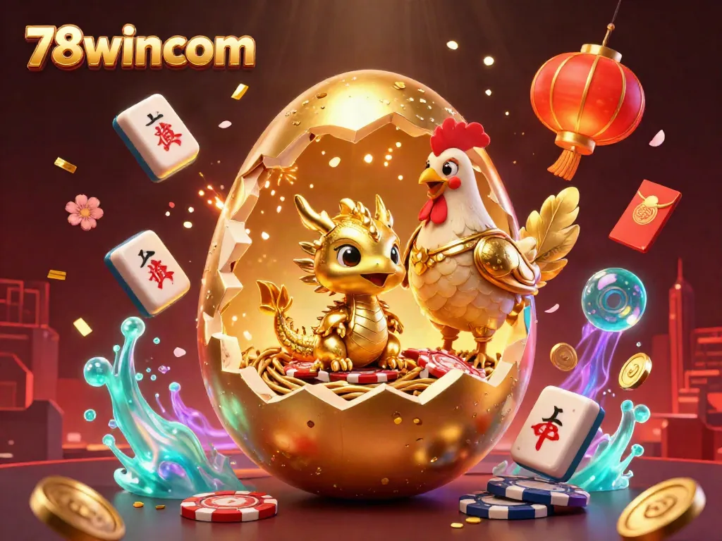 Engage with top-tier casino fun through a lavish 3D scene of 78wincom, featuring a golden dragon and poker chips.