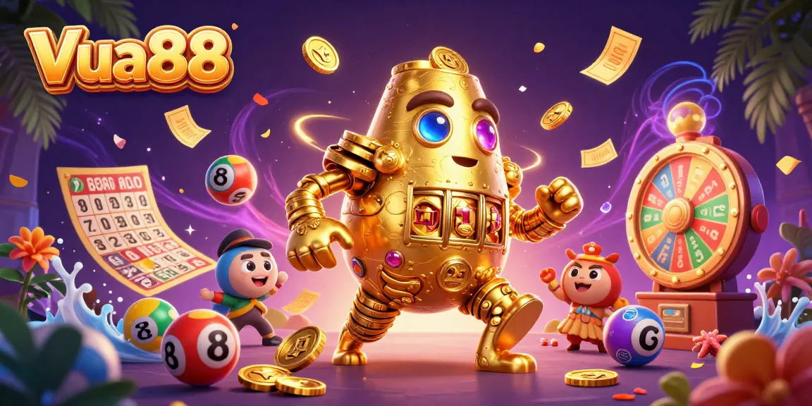 Experience the dynamic thrill at Vua88 with golden golem and lively casino elements.