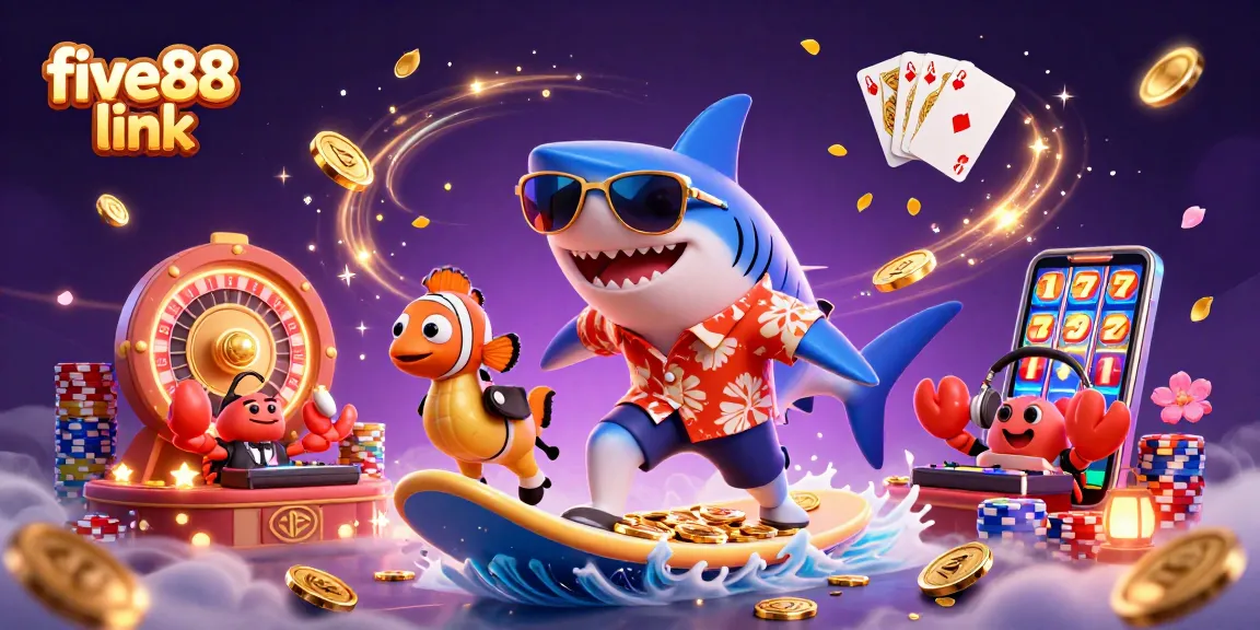 Experience thrilling wins with five88 link as a shark surfs on gold coins among vibrant casino elements.