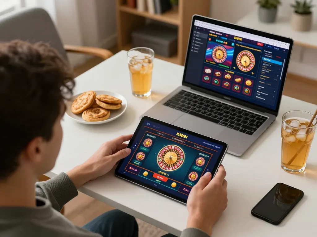 KWIN online gaming enthusiast enjoying roulette on tablet in a cozy home office setting