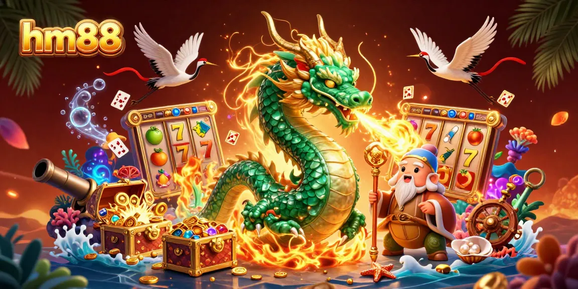 Engage with hm88's thrilling slot game landscape featuring an emerald jade dragon and vibrant treasures.