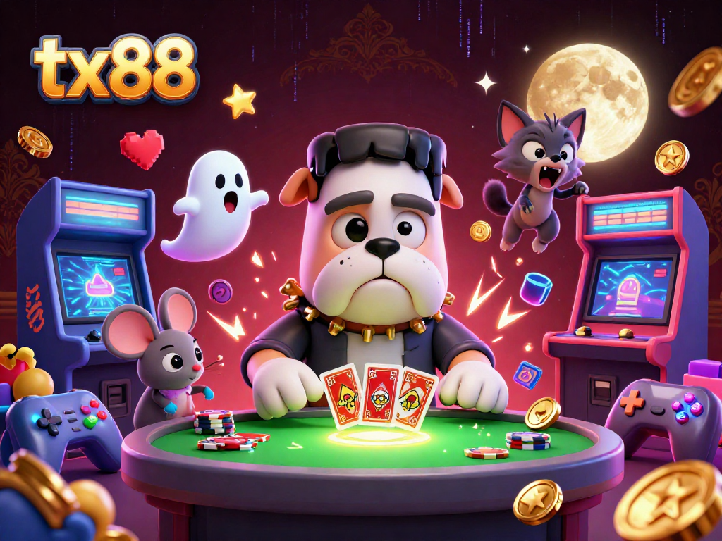 Experience thrilling gameplay with tx88 as a Frankenstein bulldog monster deals cards amidst spooky casino excitement.