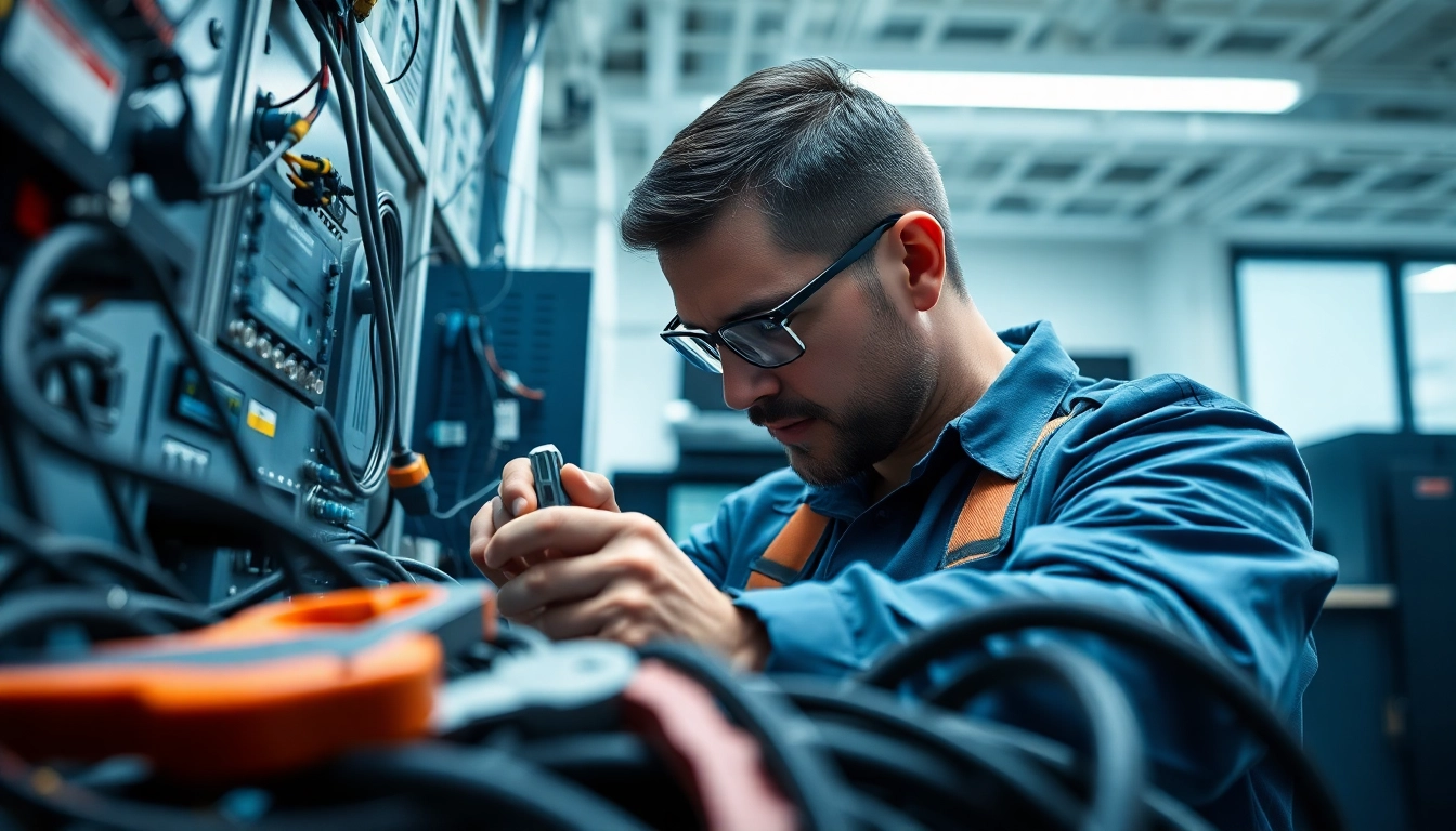 Commercial electrician Vancouver fixing wiring in a modern office environment.