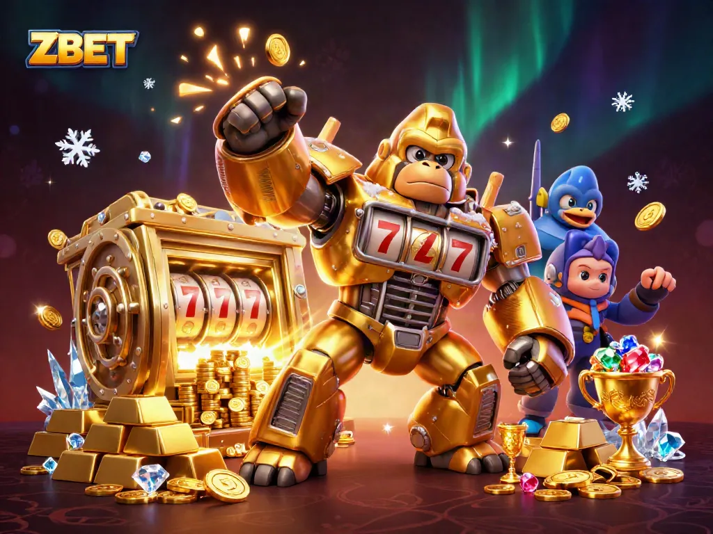 ZBET gaming explosion with a golden gorilla mech, coins, and treasures showcasing online gambling excitement.