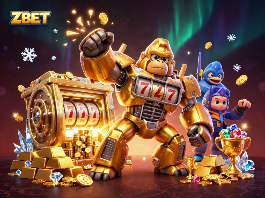 ZBET gaming explosion with a golden gorilla mech, coins, and treasures showcasing online gambling excitement.
