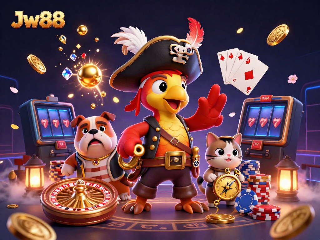 Experience thrilling wins at Jw88 with an engaging 3D cartoon casino scene showcasing vibrant characters and game elements.