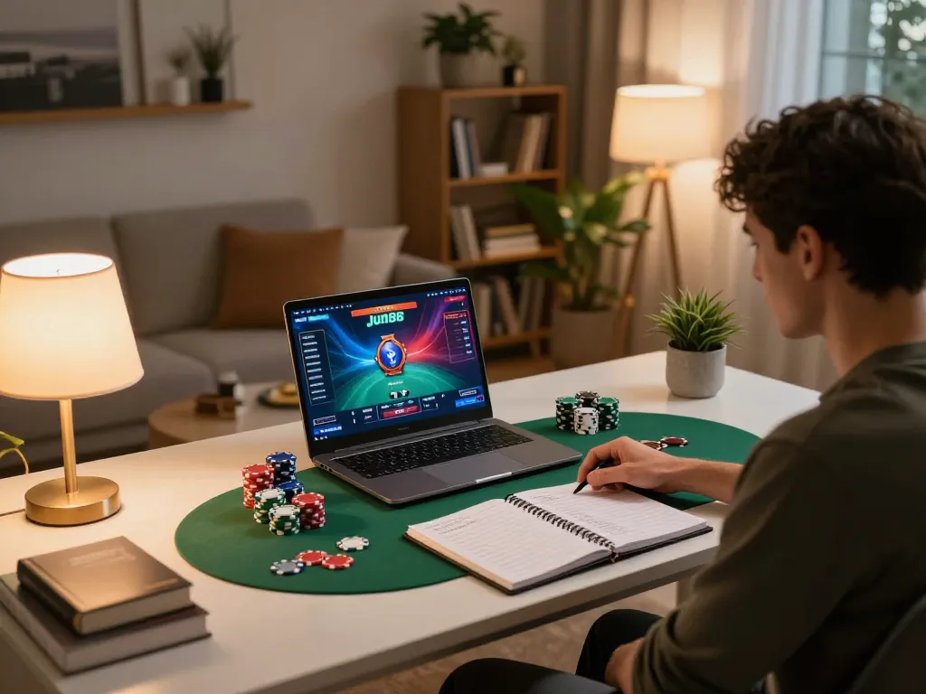 Player using Jun88 phiên bản 1 for an intense online poker game at home, showcasing strategy notes.