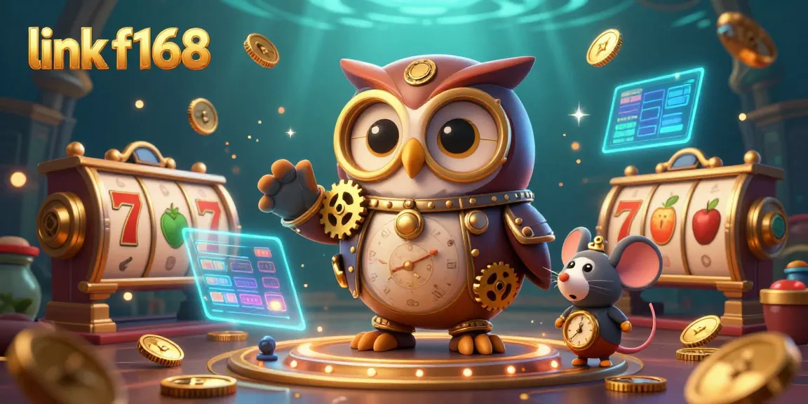 Experience thrilling moments with link f168 in this vibrant, colorful 3D casino illustration showcasing dynamic slot reels and lucky symbols.