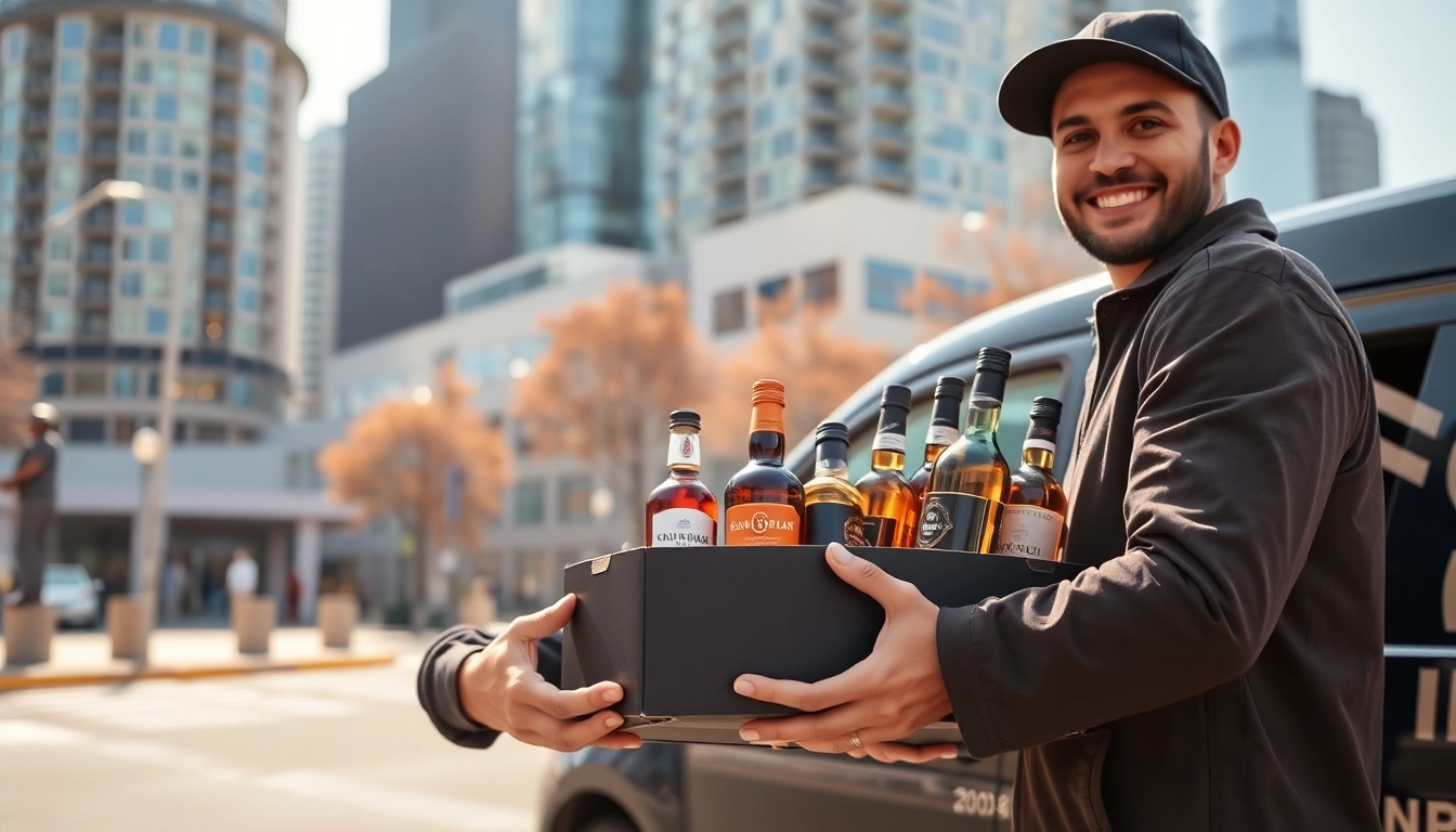 Liquor delivery Toronto featuring a smiling driver handing a box of assorted beverages in an urban setting.