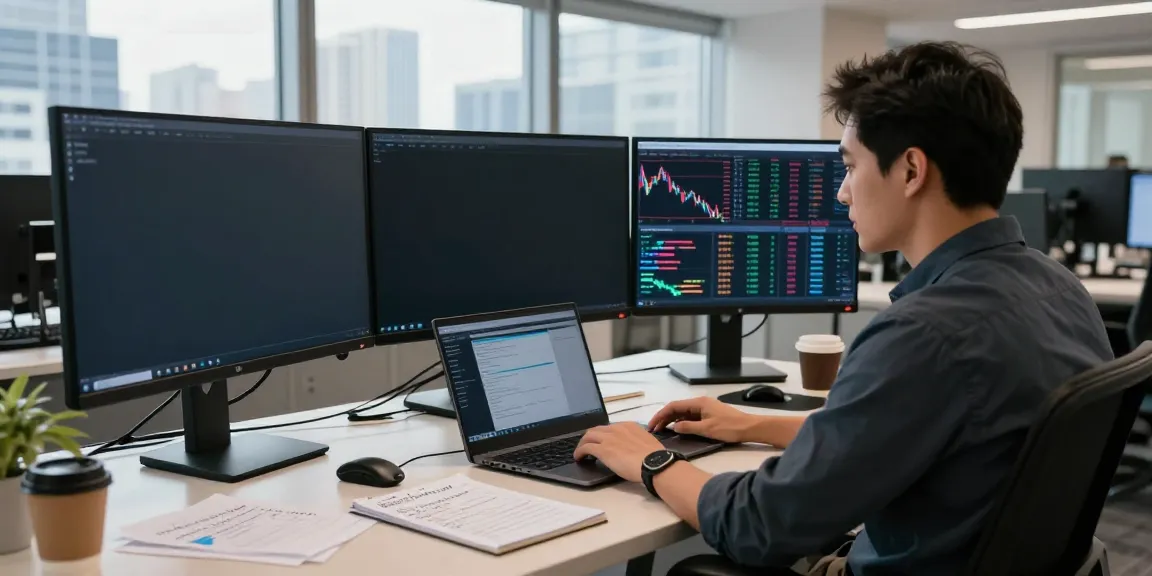 Trader analyzing market data on slatecapivex.ca in a modern office setting.