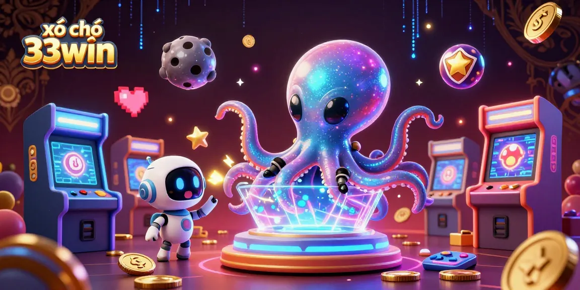 Experience the exciting world of xổ số 33win with a vibrant alien octopus running a holographic lottery.