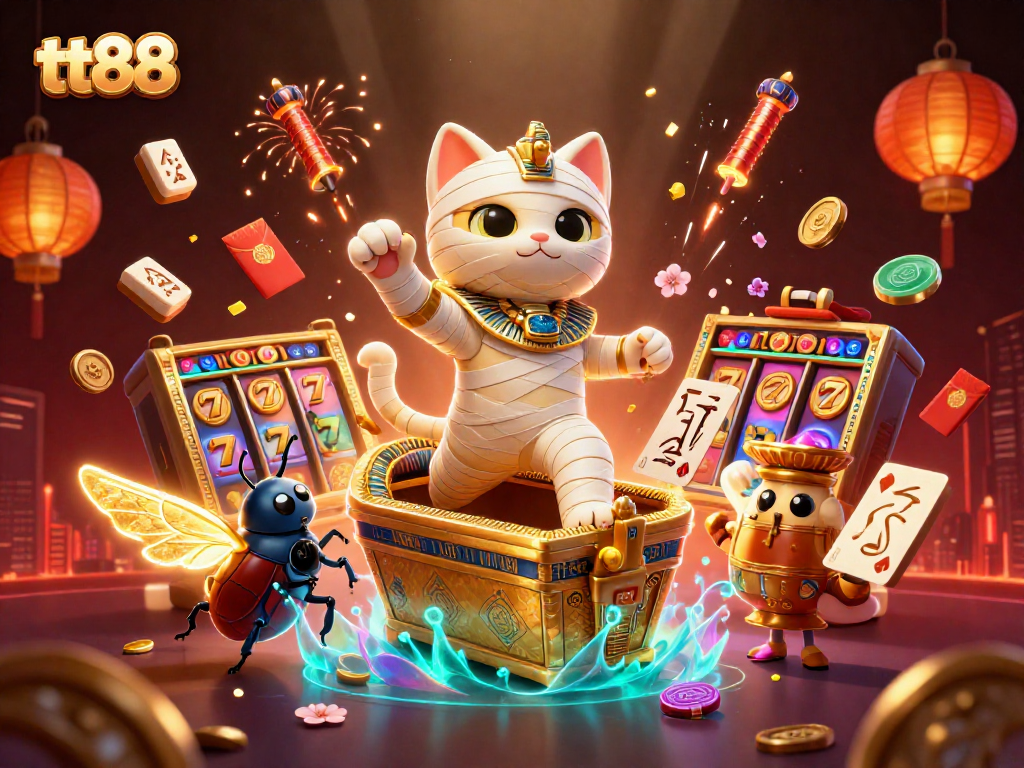 Experience excitement at tt88 with a lively illustration featuring a cartoon Egyptian mummy cat and thrilling casino elements.