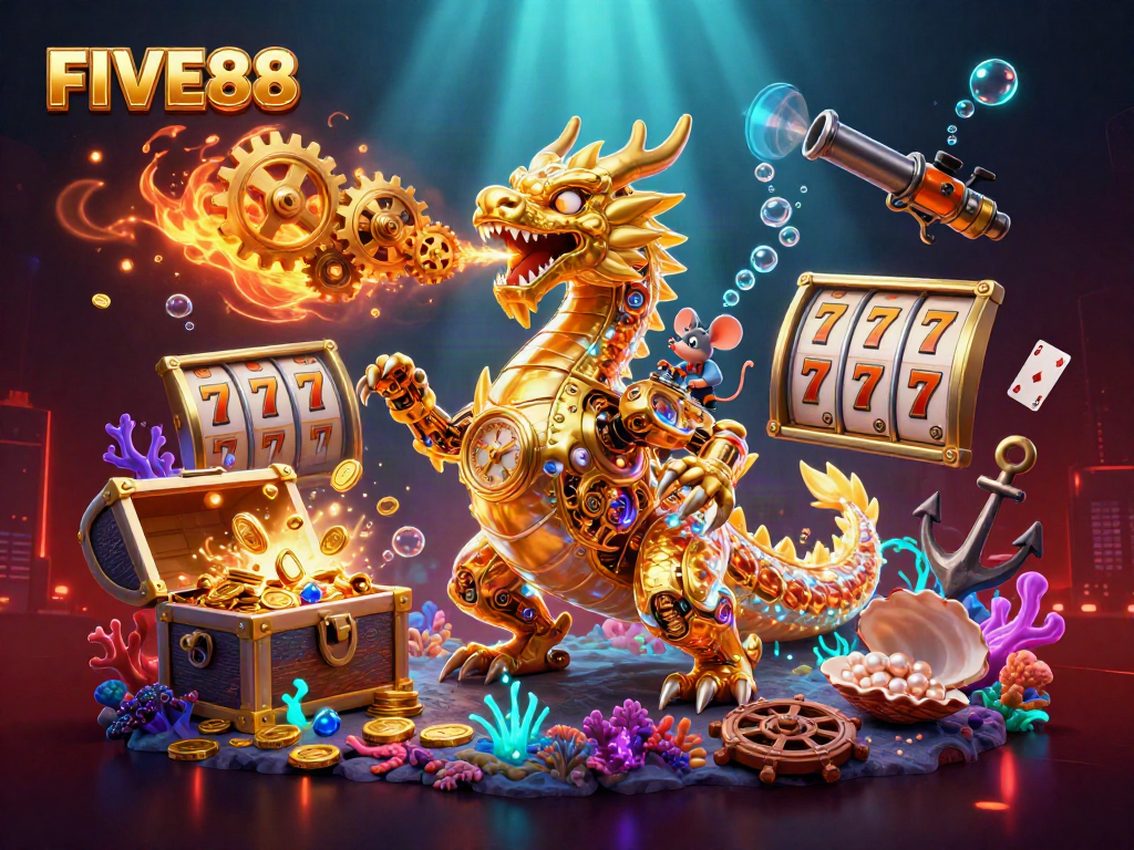 Experience an exciting FIVE88 gambling adventure with a dragon amidst slot reels and treasure.