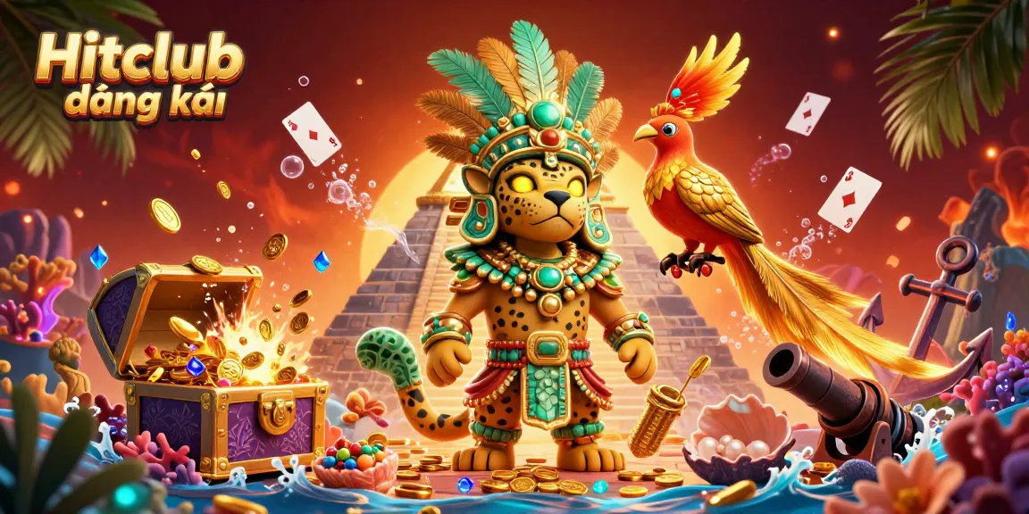 Experience Hitclub đăng ký with a vibrant casino illustration featuring a Mayan priest and colorful game elements.