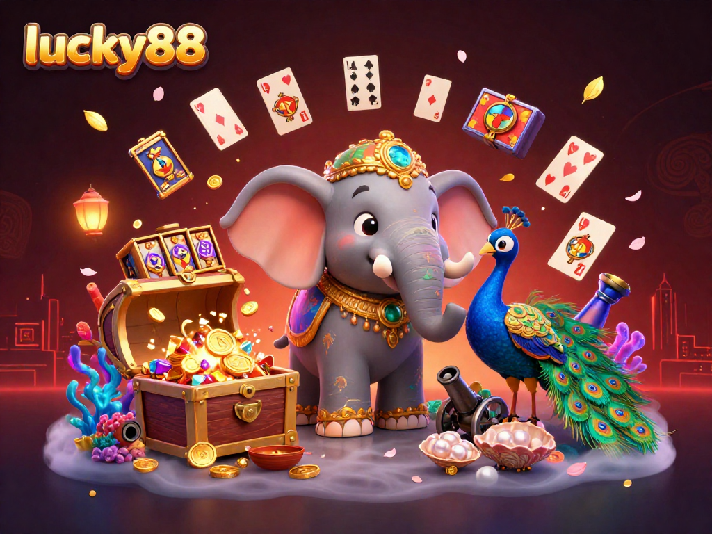 Experience thrilling gameplay with lucky88 as a vibrant 3D elephant amidst casino elements.