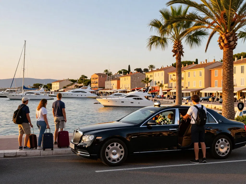 Taxis St Tropez véhicule de luxe au port pittoresque lors du coucher de soleil avec des passagers chargeant des bagages.