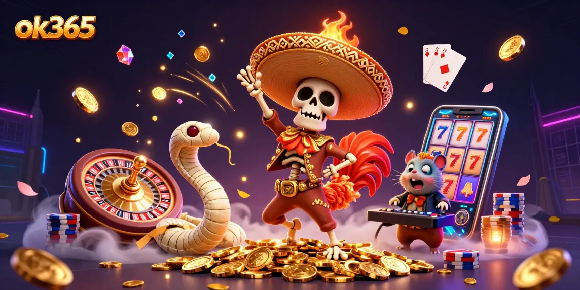 Experience the thrilling games at ok365 with a lively scene of a mariachi rooster celebrating amidst golden coins and vibrant casino elements.