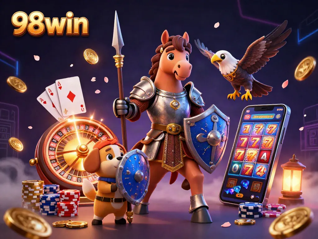 Engage with the thrilling 98win casino adventure featuring knights, coins, and gaming excitement.