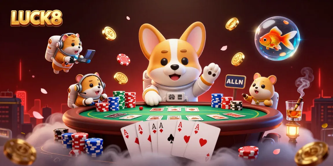 LUCK8 catches thrilling moments in a dynamic casino scene with an astronaut corgi and gaming excitement.