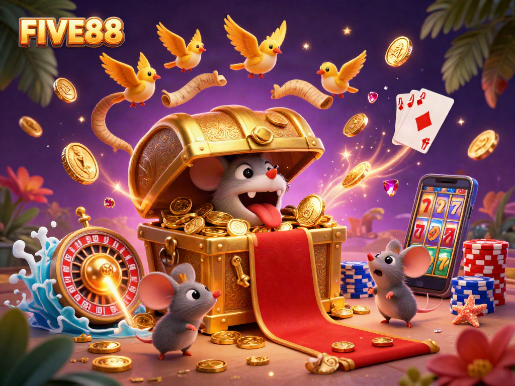 Experience thrilling wins at FIVE88 casino with exciting games, golden treasures, and vibrant visuals.