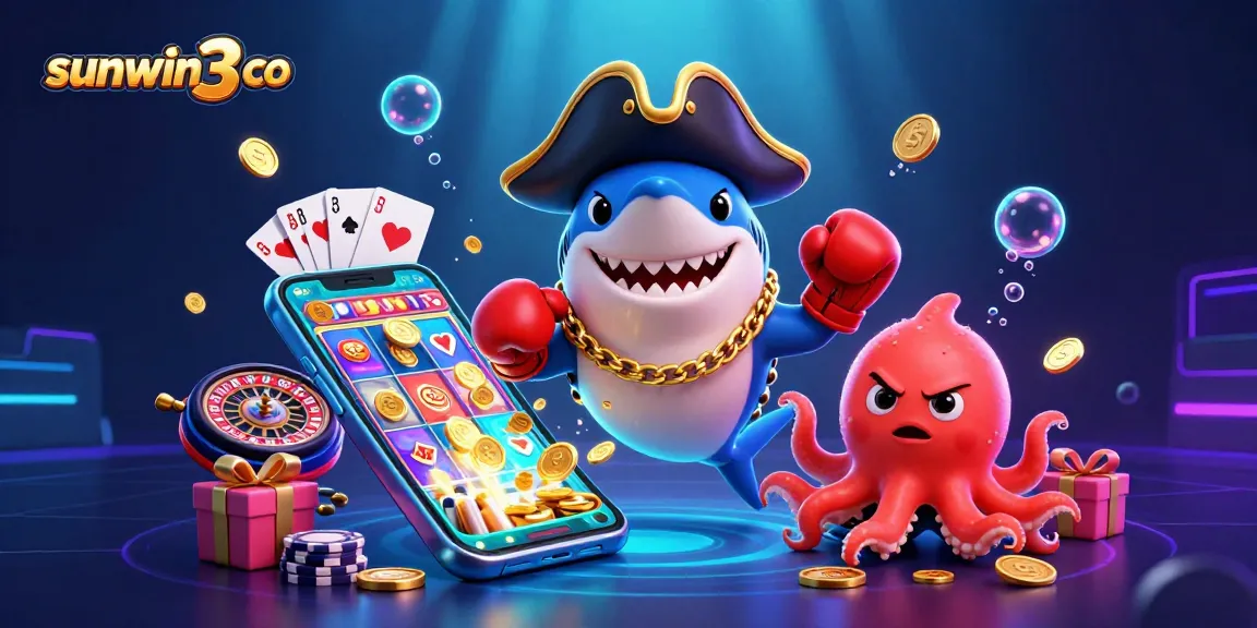 Experience the excitement of sunwin3 co with playful characters and vibrant casino elements in a dynamic 3D scene.