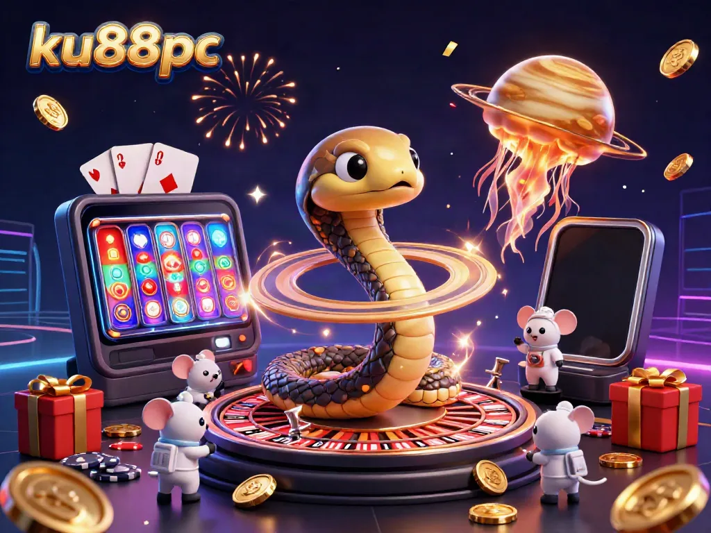 Experience cosmic gambling thrills in ku88pc with a snake roulette wheel and astronaut mice betting.